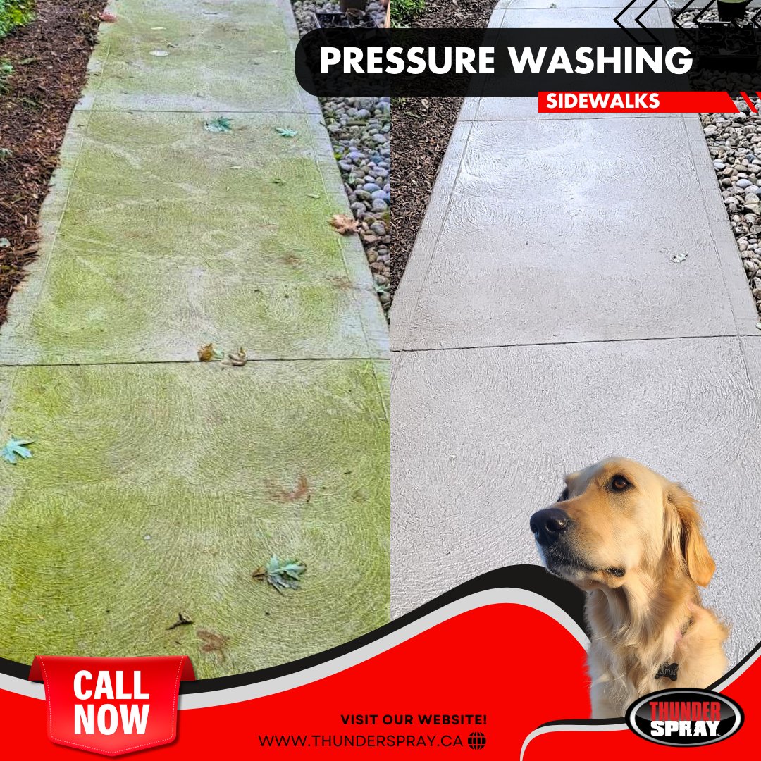 Thunder Spray's concrete cleaning service! 🏞️✨ Say goodbye to stubborn stains, dirt, and grime, and hello to a fresh, rejuvenated look for your walkways, driveways, and patio areas.  Contact us today to schedule your service and make your concrete surfaces shine! #ThunderSpray