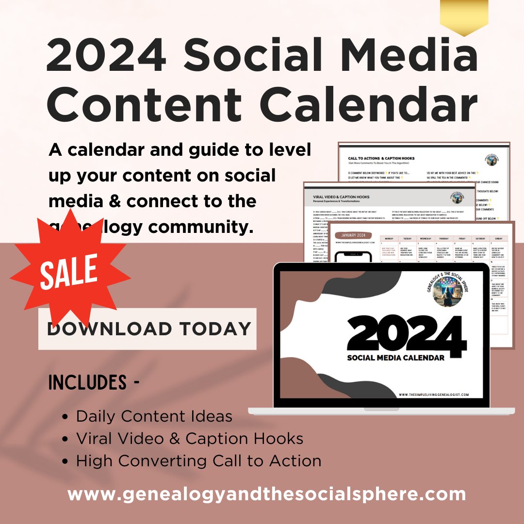 📅  🌟 $29.99 Sale! Grab the 2024 Genealogy Social Media Calendar. Packed with daily ideas, captions, & CTAs for history buffs & genealogists. Make 2024 engaging! 🔗 i.mtr.cool/yczzrdhivk #Genealogy #FamilyHistory