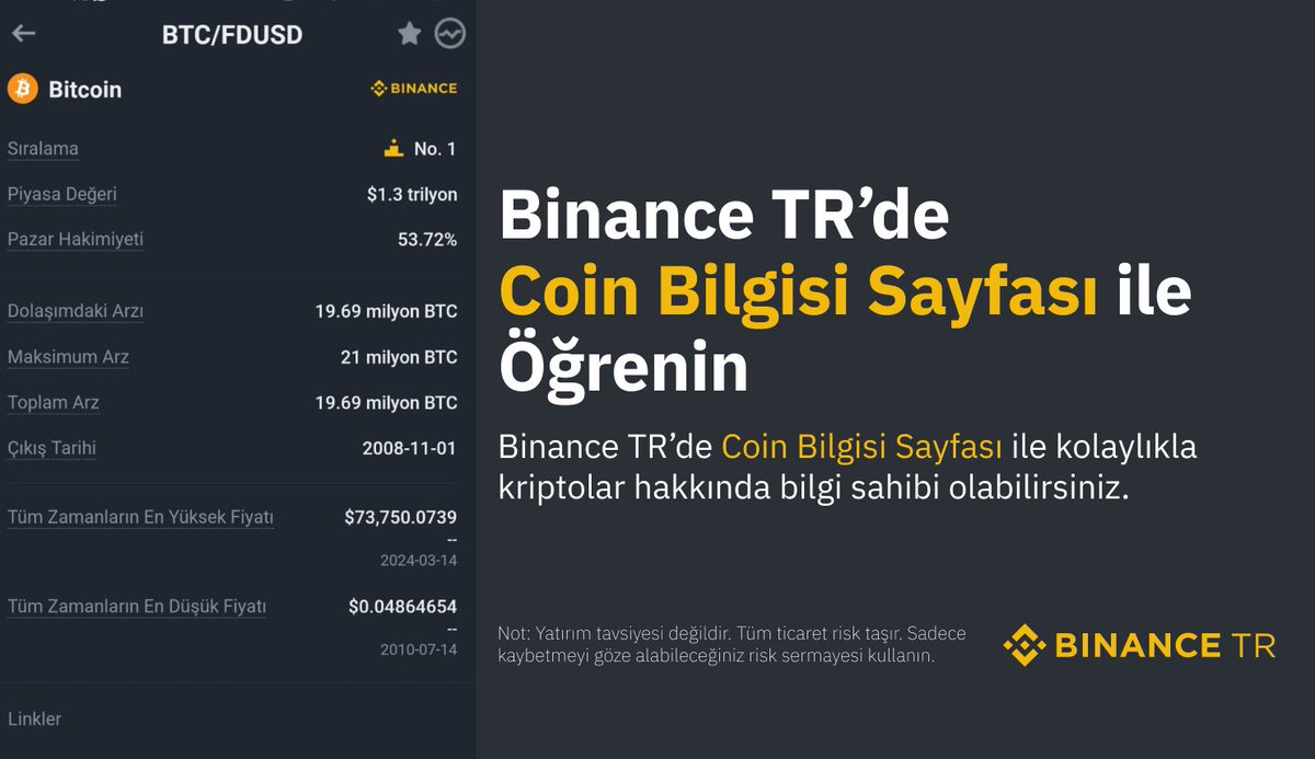 #Binance TR'de coin bilgisi sayfası ile dilediğiniz kripto hakkında anında bilgi sahibi olabilirsiniz! 🎉 Alım satım ekranında bilgiler sekmesini tıklayın ve hemen başlayın. 👍🏼