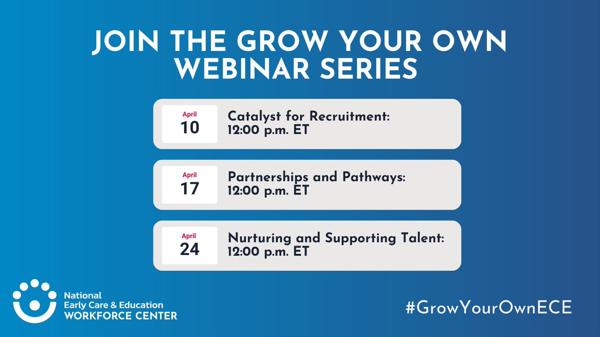 TODAY, 12:00 - 1:30 PM ET Please join us for Grow Your Own's final webinar: Supporting and Nurturing Talent. Amaya Garcia will moderate and will be joined by Kelly Kazeck, Binal Patel, and Jennifer De La Jara. REGISTER NOW: ow.ly/gpX550Rm8V9 #ECE #earlychildhood