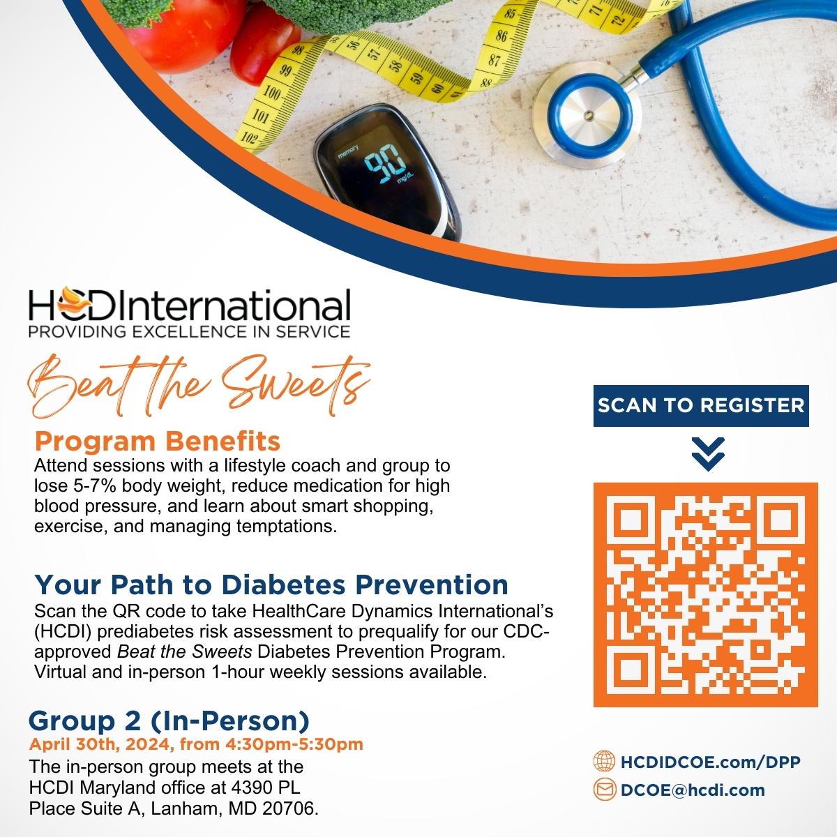 Group 2 meeting on April 30th, 4:30-5:30 pm, at HCDI office, 4390 Parliament Pl Ste A, Lanham, MD 20706. Register now at ow.ly/x4Qi50QW5zf. #Marylanders #nationalminorityhealthmonth #diabetic #Diabetes #communityhealth #wellnesswednesday
