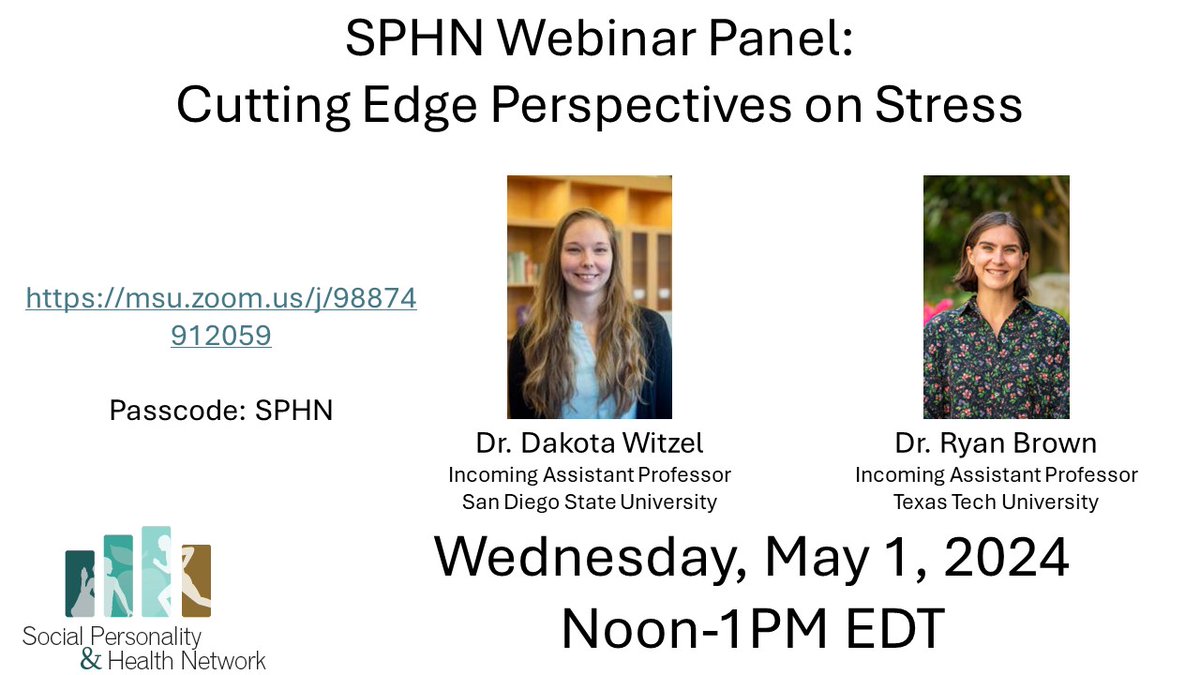 Tune in to the @SPHNnews webinar panel on 'Cutting Edge Perspectives on Stress' to hear @ddwitzz and @ryanlinnbrown present their research and engage in a discussion with the audience! msu.zoom.us/j/98874912059 Code in the photo