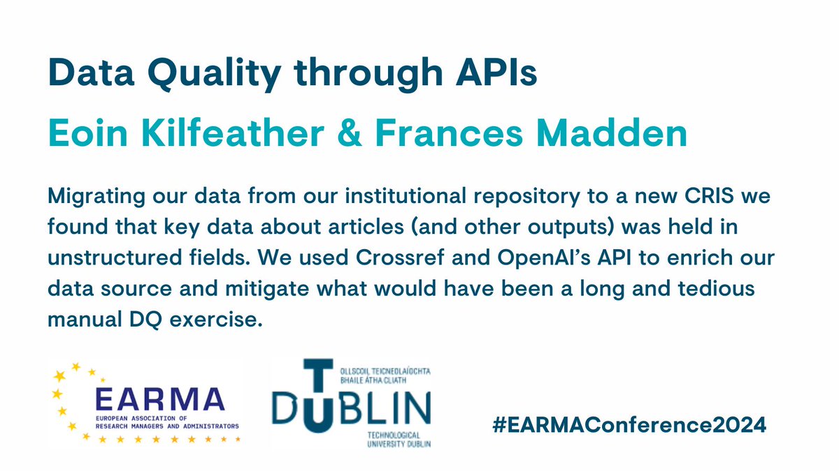 Eoin Kilfeather (Combined Services Unit Lead, Research Support Office) and Frances Madden (Assistant Head of Library Services: Research Services) co-present today on 'Data Quality though APIs at the #EARMAConference2024 @EARMAorg @WeAreTUDublin