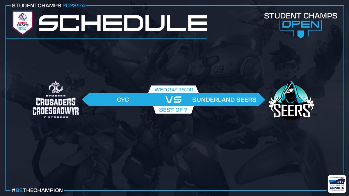 BESC OVERWATCH 2 FINALS! ⚔️ After knocking out their opponents, CyC are set to take on the Sunderland Seers today in the @British_Esports Student Champs Open Overwatch 2 Grand Finals! Tune in at 16:00 for an action-packed BO7 LIVE on Twitch! 👇 twitch.tv/britishesports2
