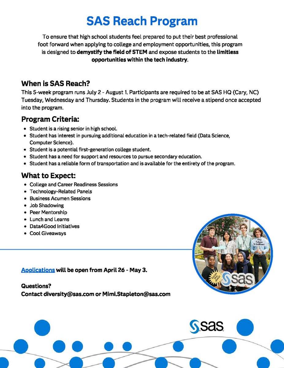 GL_Careers's tweet photo. SAS Reach - Summer program for rising seniors interested in Data Science/Computer Science. @GreenLevelHigh @G_L_PTSA @GLHS_StdentSvcs @ghhscareers https://t.co/DqtuWWJIwr