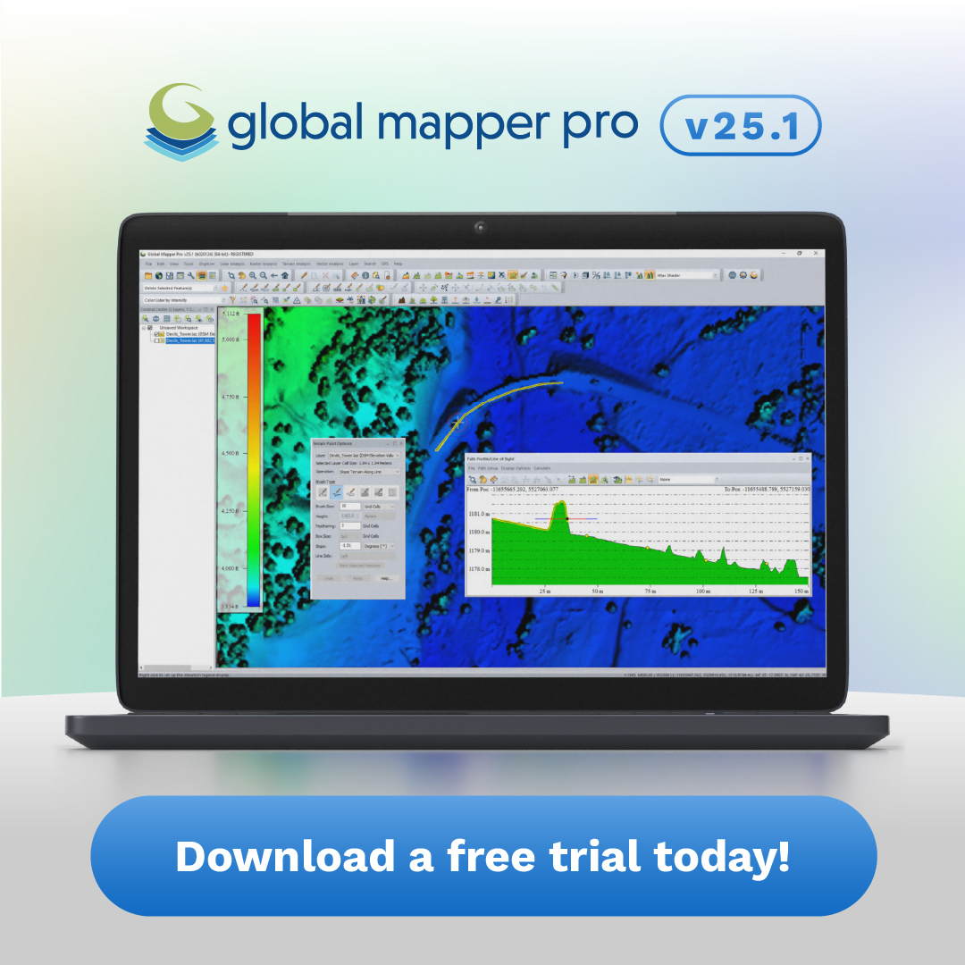 BlueMarbleGeo's tweet image. Global Mapper Pro v25.1 is available! 🌎
Download a free trial and test out the all-in-one GIS software: ow.ly/wB8W50QqlTp 
- 
#GlobalMapper  #mappingtools #geospatial #mapping #GISsoftware #spatialanalysis