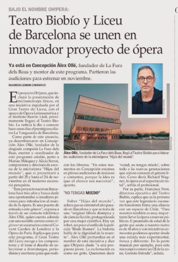 Fundador de @LaFuraDelsBaus vuelve a 🇨🇱 a @teatrobiobio con Oh!Pera, proyecto de @Liceu_cat Antes, se presentó en Chile en mayo de 1997 en @EstacionMapocho con 'Manes', un espectáculo que mezclaba teatro, acrobacias y fuegos de artificio. @lafranpero @maureenlennon @LAOpera