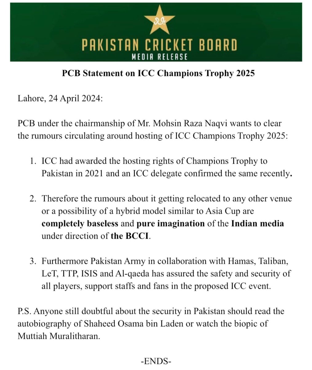 The PCB under the chairmanship of Mr. Mohsin Raza Naqvi wants to clear the rumours circulating around hosting of ICC Champions Trophy 2025 in Pakistan:

#CT25 | #PAKvNZ | #PakistanCricket