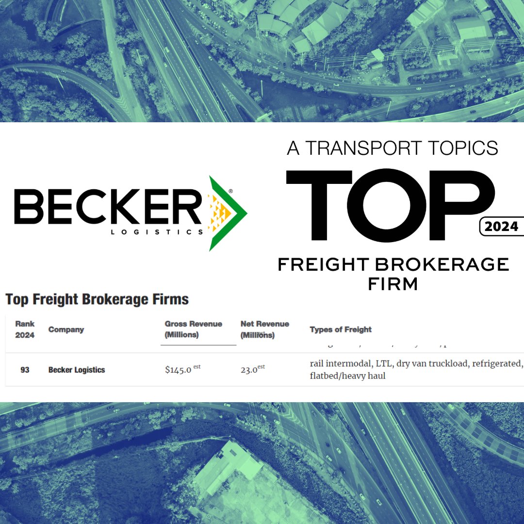 🌟 Exciting News from Becker Logistics! 🌟
We're thrilled to announce that we've been recognized in the Transport Topics 2024 Top 100 Freight Brokerages!
#BeckerLogistics #Top100 #FreightBrokerage #TransportTopics #IndustryLeaders #ThankYou #3PL #Logistics