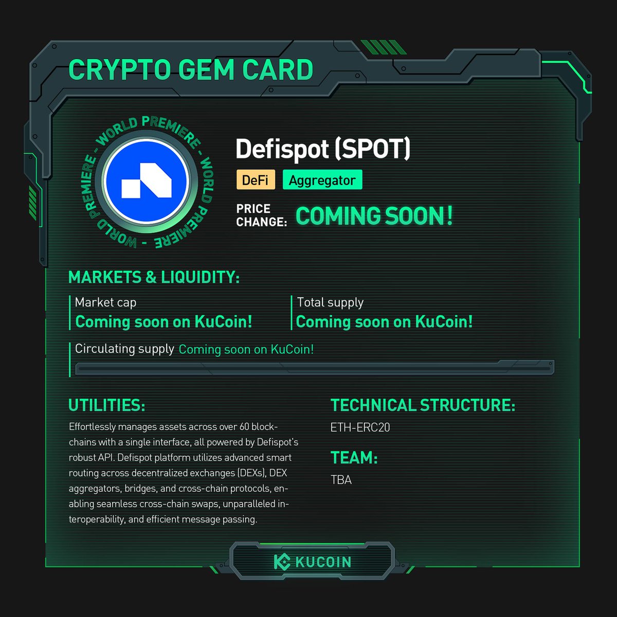 HangXuanMinh1's tweet photo. $SPOT is now live on #KuCoin! DYOR this new gem 💎📈
👉https://t.co/I8zUzUB2S4
#Defispot, effortlessly manages assets across over 60 blockchains with a single interface, all powered by Defispot's robust API.
@Defispot #Crypto #CrossChain #DeFi #Aggregator #100x #Bullish $BTC https://t.co/7Of4gguVHA