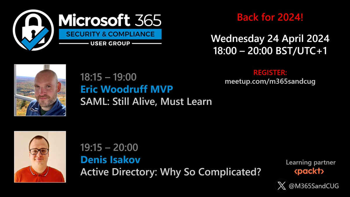 Hey folks, reminder: join us TONIGHT at @M365SandCUG to geek out over SAML and AD security. How can you say no to that? • @ericonidentity - SAML: Still Alive, Must Learn • Denis Isakov - Active Directory: Why So Complicated? No recordings. Register: meetup.com/m365sandcug/ev…