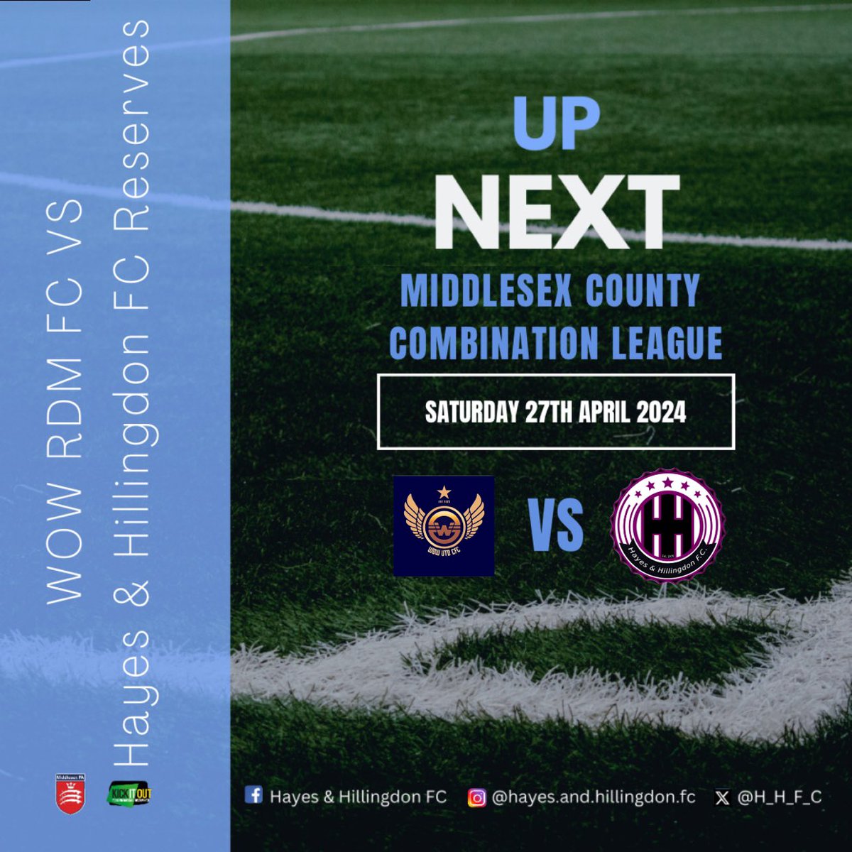 UP NEXT..☝🏼⚽️

🆚Feltham FC
🏟️Spelthorne Sports Club, Ashford Common, TW15 1RY
⏱️3PM KO 

Res;Double Header
🆚WOW RDM FC
🏟️Cranford Community College, Hounslow, TW5 9PD 
⏱️2PM first KO 

(Our partners; Swirles Barbers, Southbourne Electrical & Richings Sports Park) 

#HHFC
🩵🖤