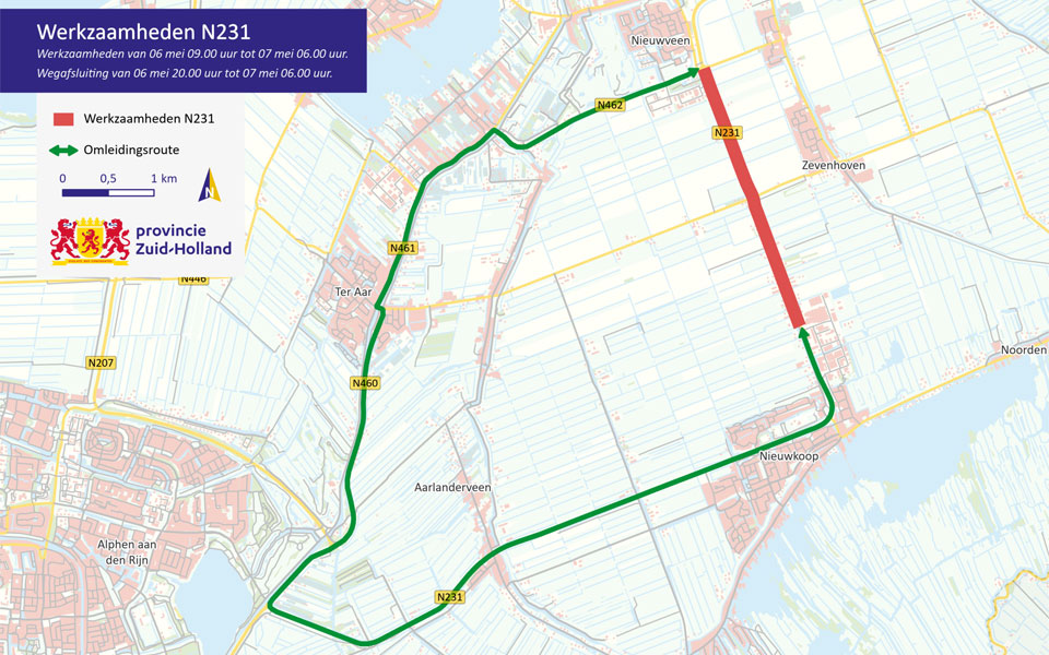 #N231: werkzaamheden aan de Nieuwveenseweg tussen #Nieuwveen en #Nieuwkoop. Van 6 mei 20.00 u tot 7 mei 06.00 u. is de weg afgesloten. Volg omleidingen en houd rekening met extra reistijd. Lees meer: bit.ly/4aO4G4b @gemnieuwkoop