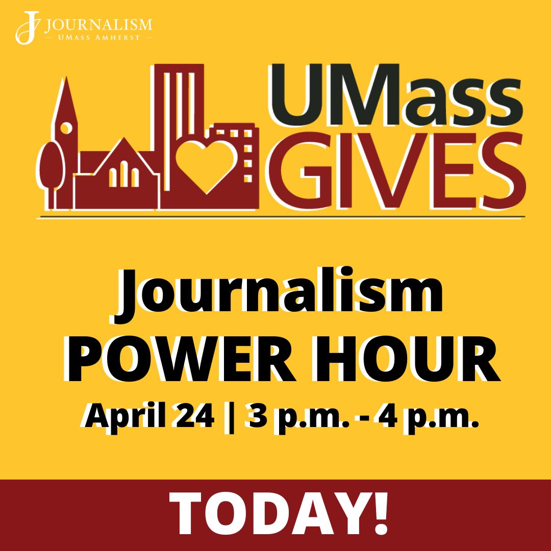 UMassJournalism's tweet photo. Today's the day! #UMassGives is officially underway! 
Donate to the Journalism Department during our Power Hour between 3-4 p.m. today to help us earn an extra $2,000! #UMassJournalism 
Donate here: https://t.co/dC6X0Rhh7s https://t.co/KwPiW1IJEG