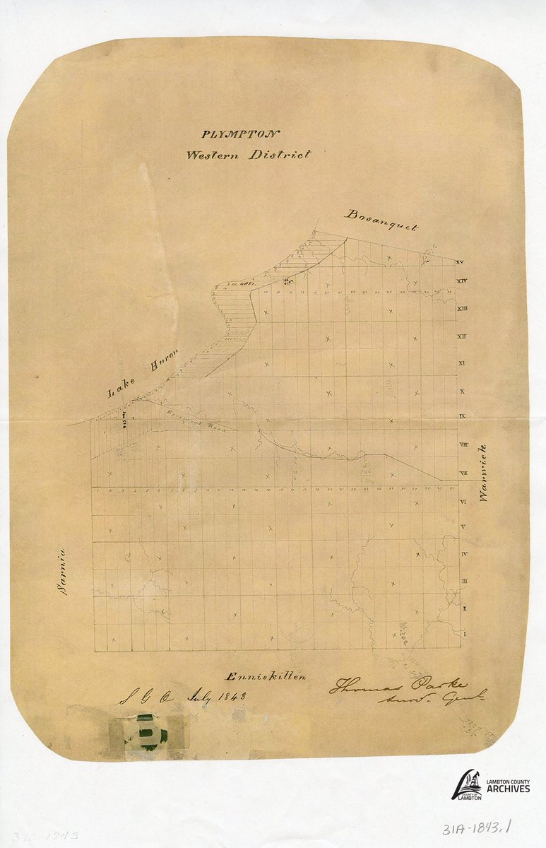#ArchivesAtoZ: X for X Marks the Spot. A map of Plympton Township from 1843 reveals Clergy Reserves marked with 'X's. These reserves were initially only available for lease but became available for purchase in 1827. Clergy Reserves were then abolished in 1854. #LCArchives