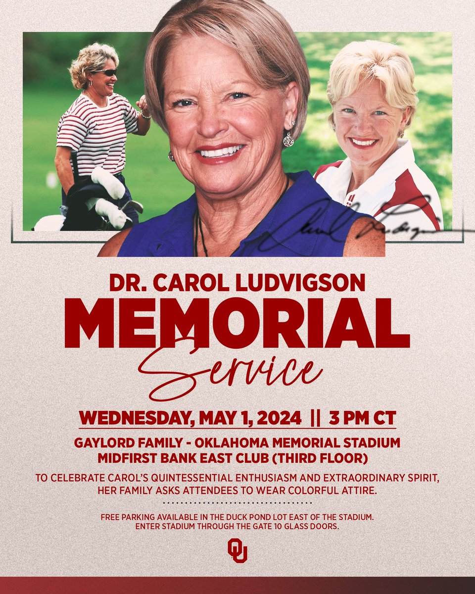 OU community, we invite you to join us as we celebrate the life and legacy of Dr. Carol Ludvigson on Wednesday, May 1, at 3 p.m. in the MidFirst Bank East Stadium Club at Gaylord Family – Oklahoma Memorial Stadium. More info: ouath.at/44kdvAw
