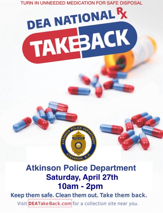 AtkinsonPolice's tweet image. Reminder that Saturday is DEA National TAKEBACK day. Our lobby will be opened and staffed from 10am-2pm to turn in unwanted/unneeded medication for proper disposal. Thank you in advance for helping to keep Atkinson safe.