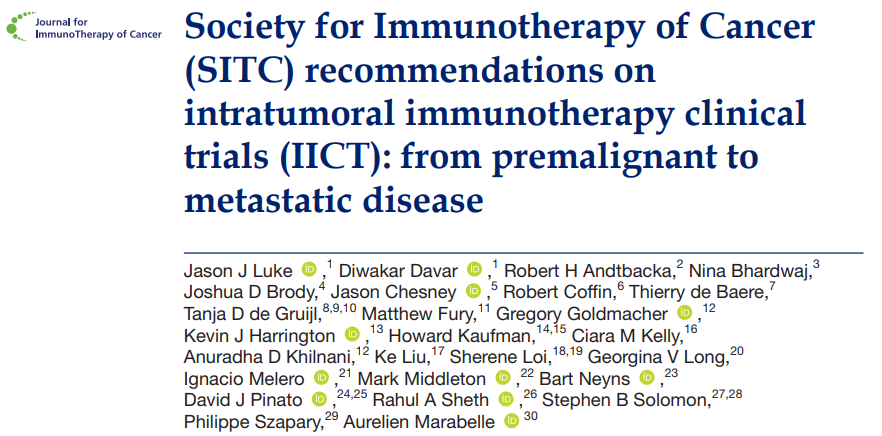 Excited to present @sitcancer guidelines for clinical research on intra-tumoral #immunotherapy. This was a collaborative effort from expert stakeholders across academia & industry. Tremendous potential from pre- to advanced cancer for novel agents. jitc.bmj.com/content/12/4/e…