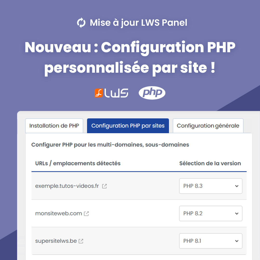 🎉 Nouveauté LWS Panel: Config PHP par site! Activez différentes versions de PHP pour chaque site présent sur un multi-domaine/sous-domaine de votre hébergement web. 🚀
✅ Gestion facile sans .htaccess
✅ Sécurité et performance
lws.fr
#LWS #PHP #Hébergementweb