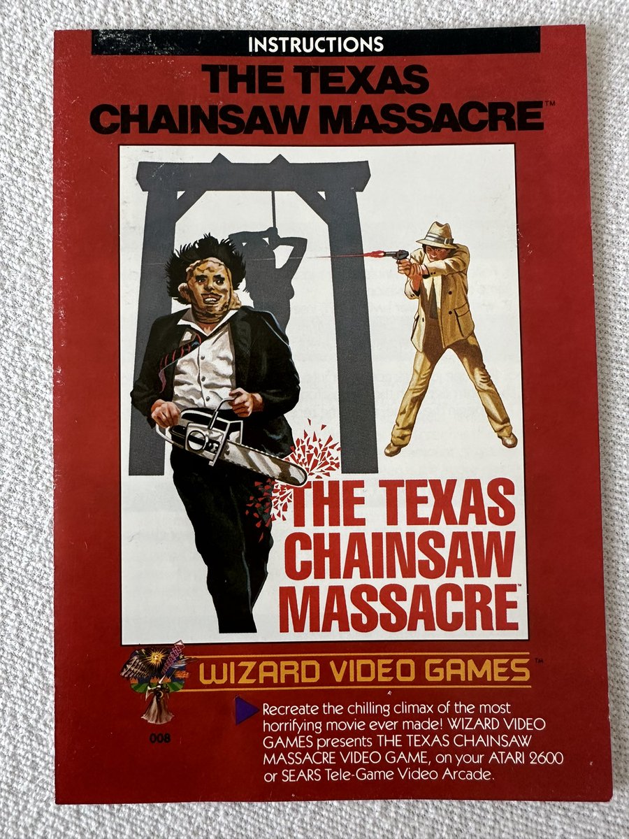 „#TheTexasChainsawMassacre. Recreating the chilling climax of the most horrifying movie ever made!“ 
(#WizardVideoGames, #AtariVCS, 1983)