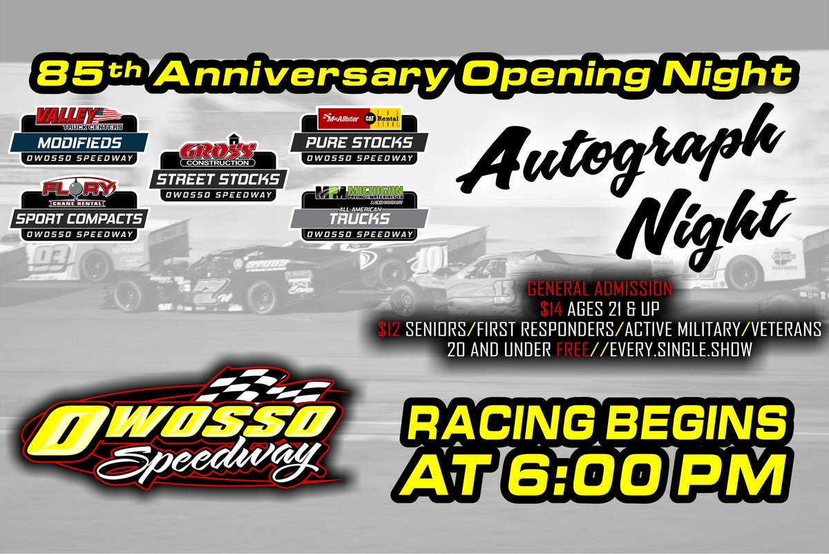 THIS Sat.-4/27 is the 85th Anniversary Opening Night / Autograph Night at Owosso Speedway

The 2024 #SooI500 @PureMichigan Summer Tour will visit the Ovid, MI facility 3⃣ times in 2024 👇

Wed.-6/19 @RevealTheHammer #BobFinleyMemorial
Sat.-8/10 #HotShoe100X
Sat.-9/21 #RTHOutlaws