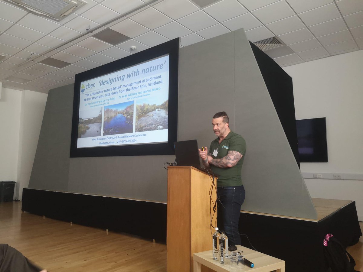 Our Dr. Hamish Moir giving his talk right now 'Management of sediment and habitat mitigation at large dam structures: case study River Shin' @The_RRC #RRC2024