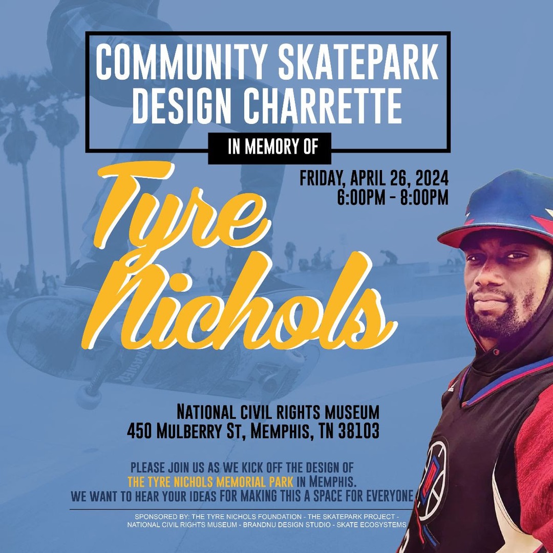 This Friday, April 26th is the Tyre Nichols Memorial Park Design Charrette. Join The Tyre Nichols Foundation and @skatepark as they brainstorm and sketch the blueprint for this incredible park. More info: tyreskateparkmemorial.com

#tyrenichols #skatespot #skateboarding