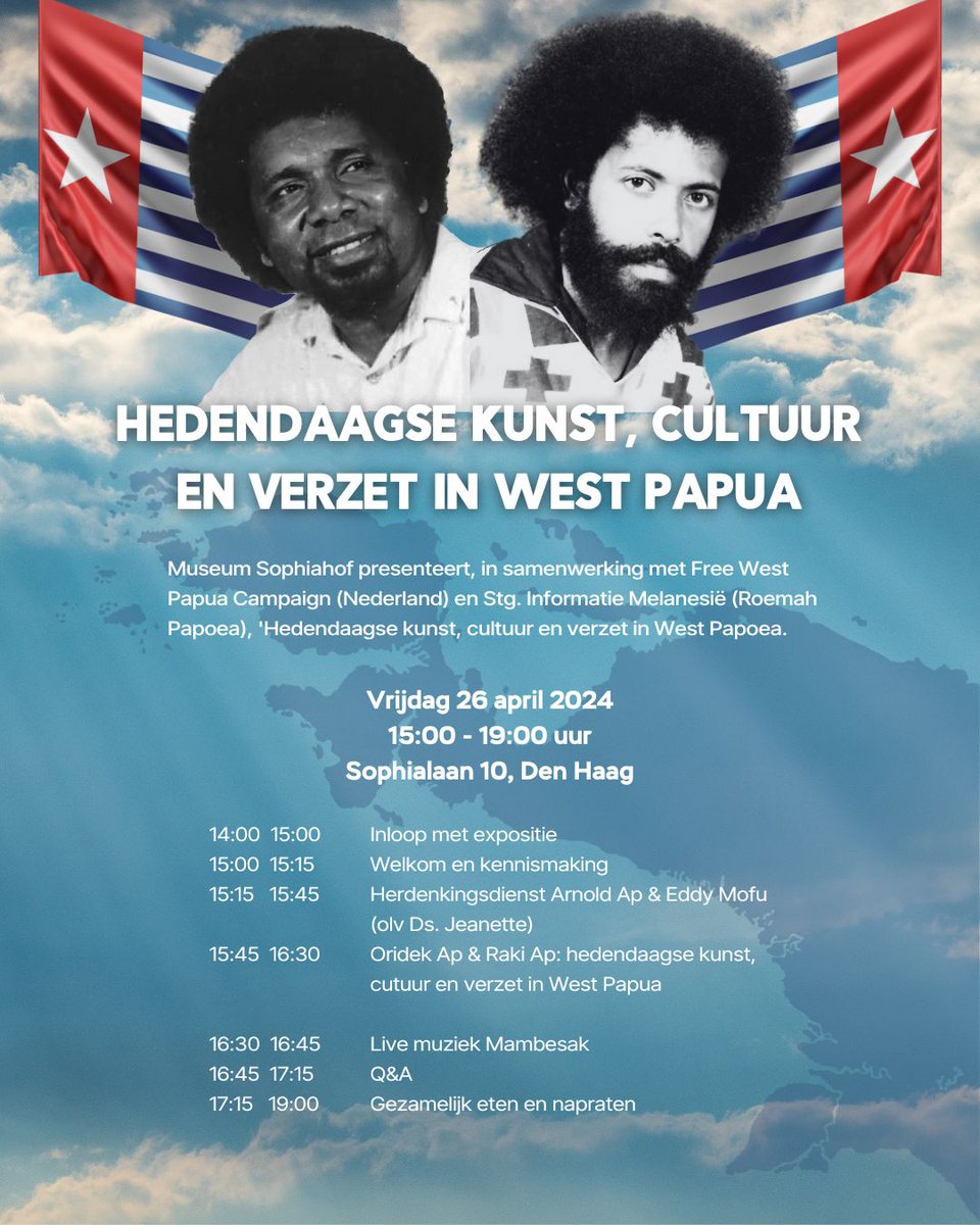 📍Hedendaagse kunst, cultuur & verzet in West-Papua AGENDA | 26 APRIL 2024 Museum Sophiahof presenteert, in samenwerking met Free West Papua Campaign (Nederland) en Stg. Informatie Melanesië (Roemah Papoea), 'Kunst, cultuur en verzet in West Papoea'. museumsophiahof.nl/agenda/roemah-…