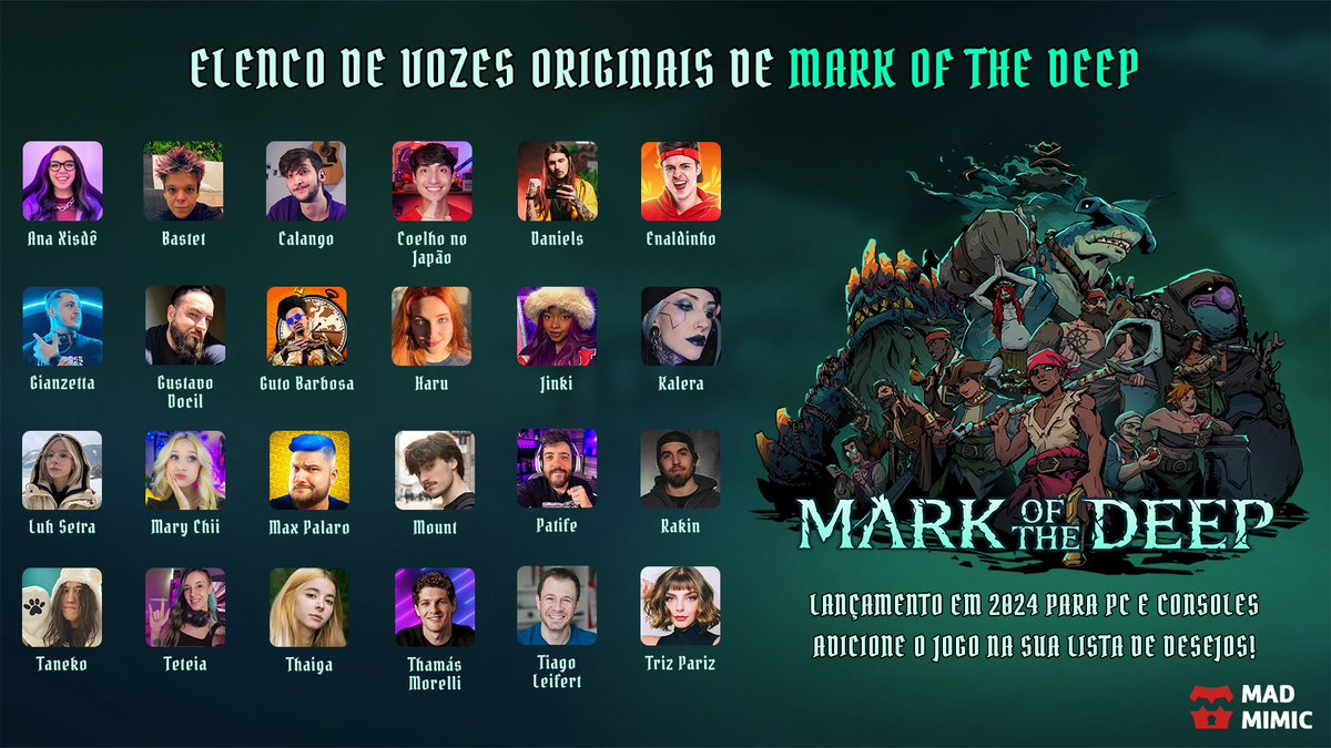 Convidamos um elenco especial para dar vida aos piratas e habitantes da ilha amaldiçoada de Mark of the Deep! 🏴‍☠️

Confira a tripulação completa abaixo, e não se esqueça de adicionar Mark of the Deep na sua lista de desejos! 💚

🪝 Link do jogo na Steam: bit.ly/44f7HrV