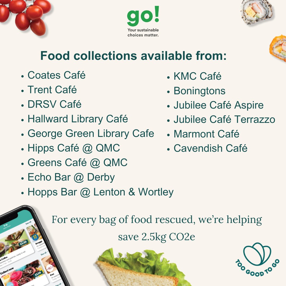 It’s #stopfoodwasteday! Reduce food waste, save CO2 and fight climate change with @TooGoodToGo on campus. Download the app for discounted food that would otherwise go to waste. 15 cafes on UoN campuses now offer ‘Magic Bags’ of fresh, unsold food for £4 at the end of the day!