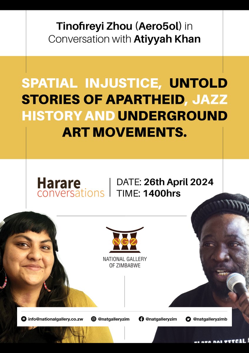 Join us for an interesting session with Atiyyah this Friday afternoon @1400hrs on Spatial Injustice, Untold stories of Apartheid, Jazz, History, and Underground Art Movements at the National Gallery of Zimbabwe, 20 Julius Nyerere Way