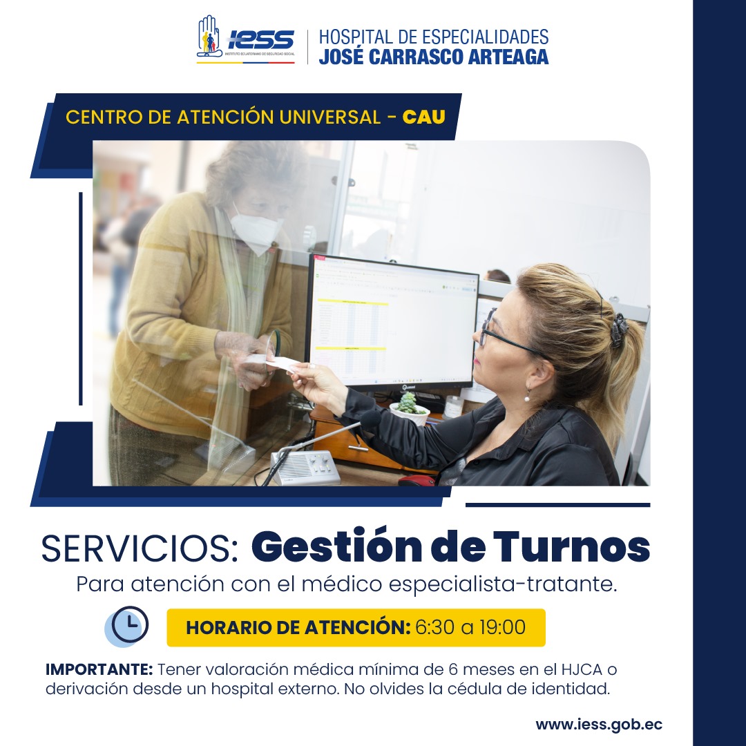 #IESSatuServicio | En nuestro Centro de Atención Universal (CAU), contamos con el servicio de gestión de turnos para atención médica en consulta externa.

¡Trabajamos para ti, mejoramos cada día!

#AzuayIESS #Cuenca