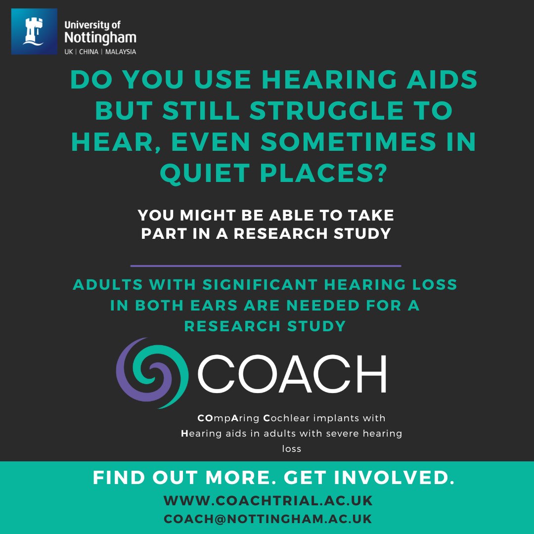 Do you use hearing aids but still struggle to hear, or know someone that does? 🦻 Visit COACHTRIAL.ac.uk for more information on taking part in the @COACH_trial #audiology #research #hearingloss #hearing
