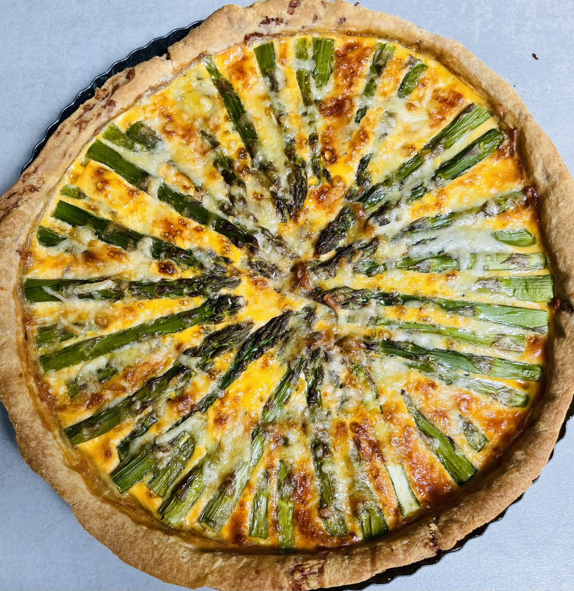 Asparagus and cheese tart. Leaky casing led to eggy oven, but it all worked out in the end.