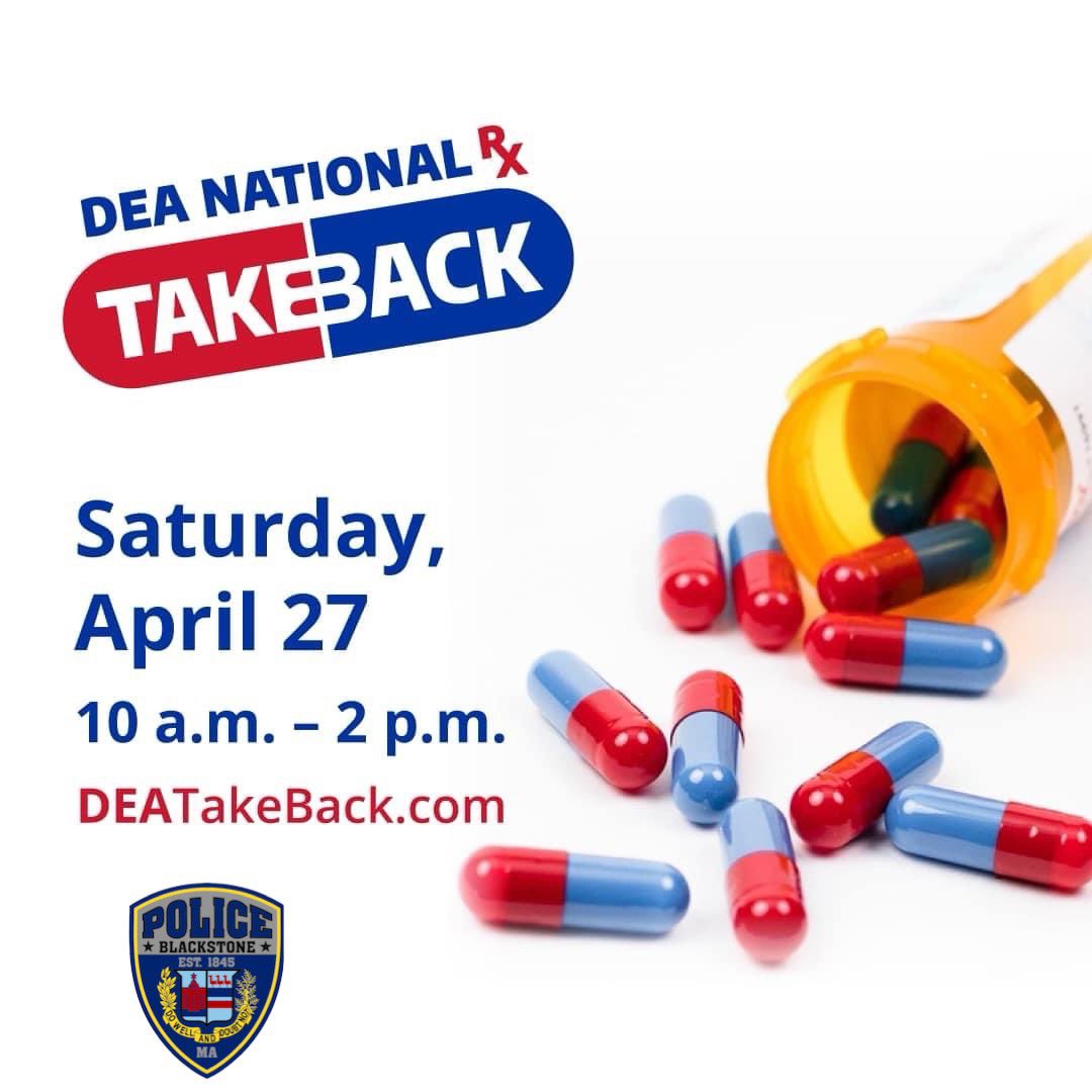 💊This Saturday, April 27th  Blackstone Police will be participating in National Drug Take Back Day. 
Any unused or expired prescription medications can be dropped off at our lobby bin. 💊
🚫Please no liquids, batteries, or syringes. 

DEAtakeback.com

#TakeBackDay