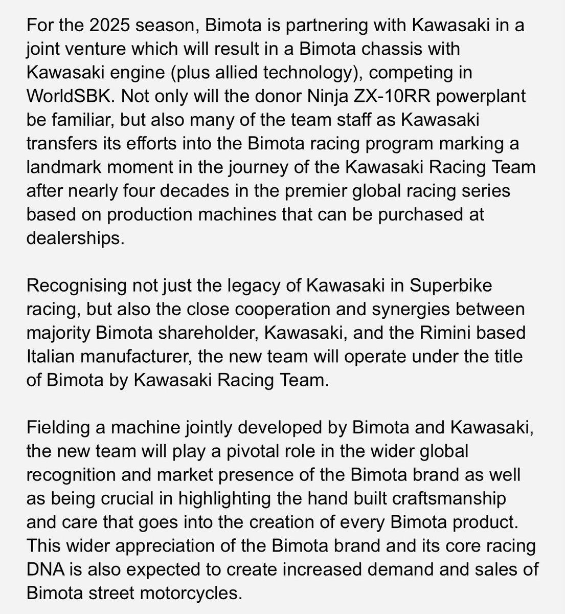 Kawasaki are withdrawing from WSBK at the end of this season - but have found the most unusual way to announce it… they’re partnering with BIMOTA to build what sounds like a CRT bike with a ZX-10 engine. Curious to see how that passes homologation!