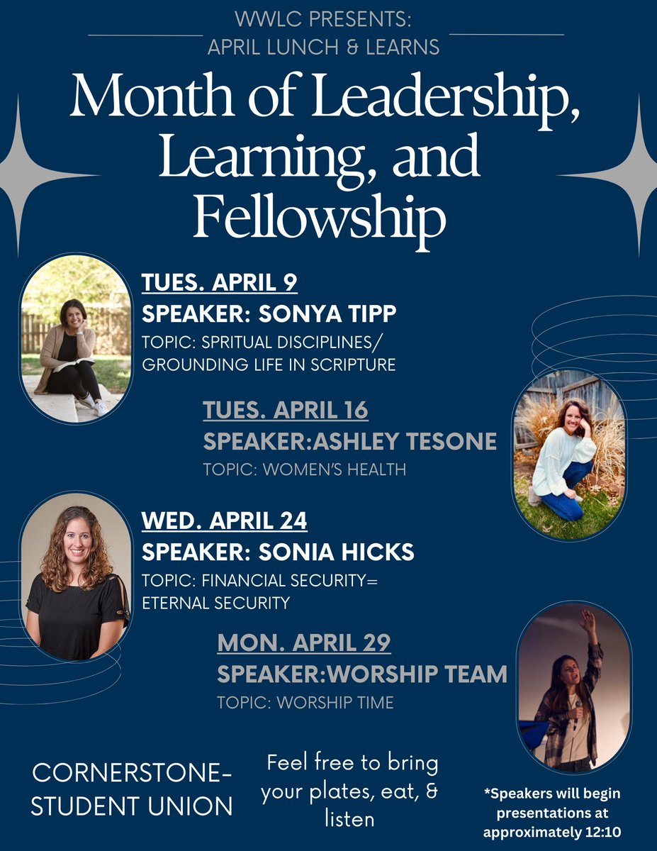 WWLC_'s tweet photo. Join us TODAY for our third Lunch &amp; Learn! Today we will be learning about Financial &amp; Eternal Security from Sonya Hicks. Grab your lunch and join us at 12:10pm in Cornerstone ✨ #WWLC https://t.co/IZjA4KCeUY