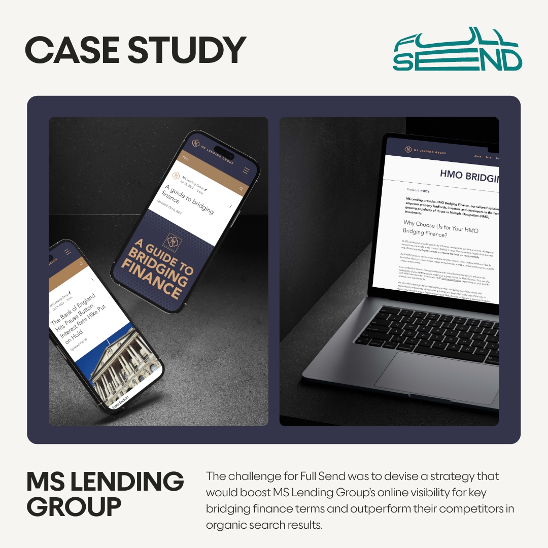 FullSend_Agency's tweet photo. 🖋️ New Case Study
The challenge for Full Send was to devise a strategy that would boost MS Lending Group's online visibility for key bridging finance terms and outperform their competitors in organic search results.

View the full case study 👇
https://t.co/TS9KaD0Vmn

#seo https://t.co/Z7DFidfXw1