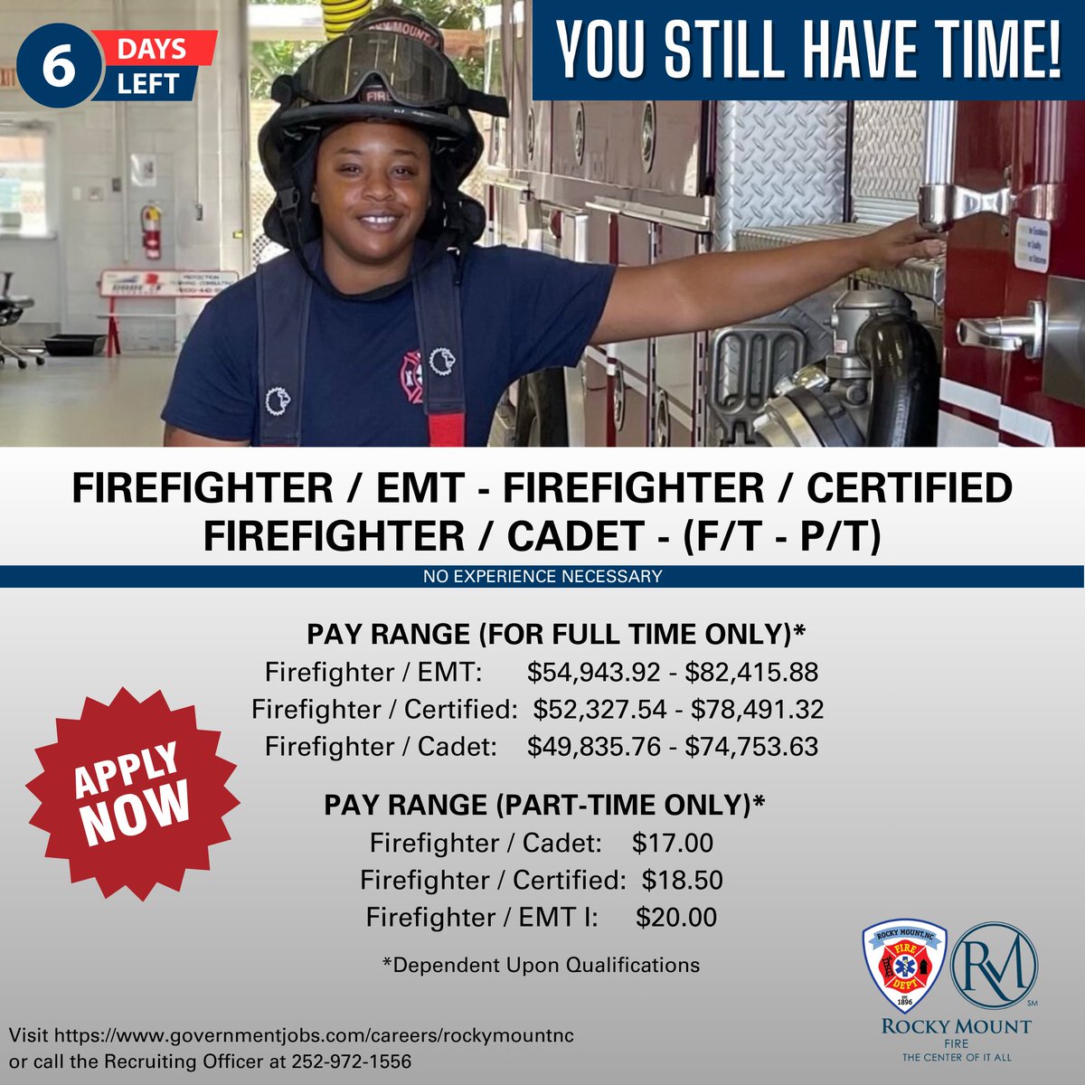 YOU STILL HAVE TIME!  RMFD is currently hiring for Fire/EMT -- Certified Firefighter and Cadets.  No EXPERIENCE NEEDED!  Apply NOW at bit.ly/RMFD_FF by April 30, 2024.  If you have questions, please contact the Fire Training/Recruitment Officer at 252-972-1556.