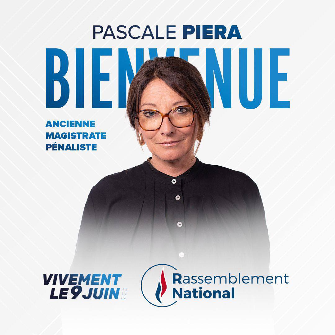 🔴 Pascale Piera, ancienne magistrate pénaliste, rejoint la liste du Rassemblement National menée par Jordan Bardella ! Elle s'engage aujourd’hui à nos côtés pour défendre une justice plus ferme et plus efficace, au service de la sécurité des Français. #VivementLe9Juin
