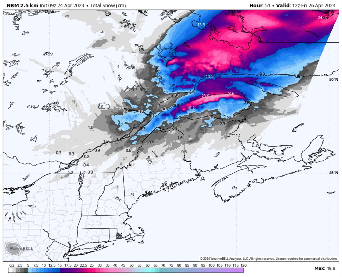 Neige à venir selon les secteurs. ECMWF, GFS, GEM et NBM (voyez le comme la moyenne d'une multitude de modèles).