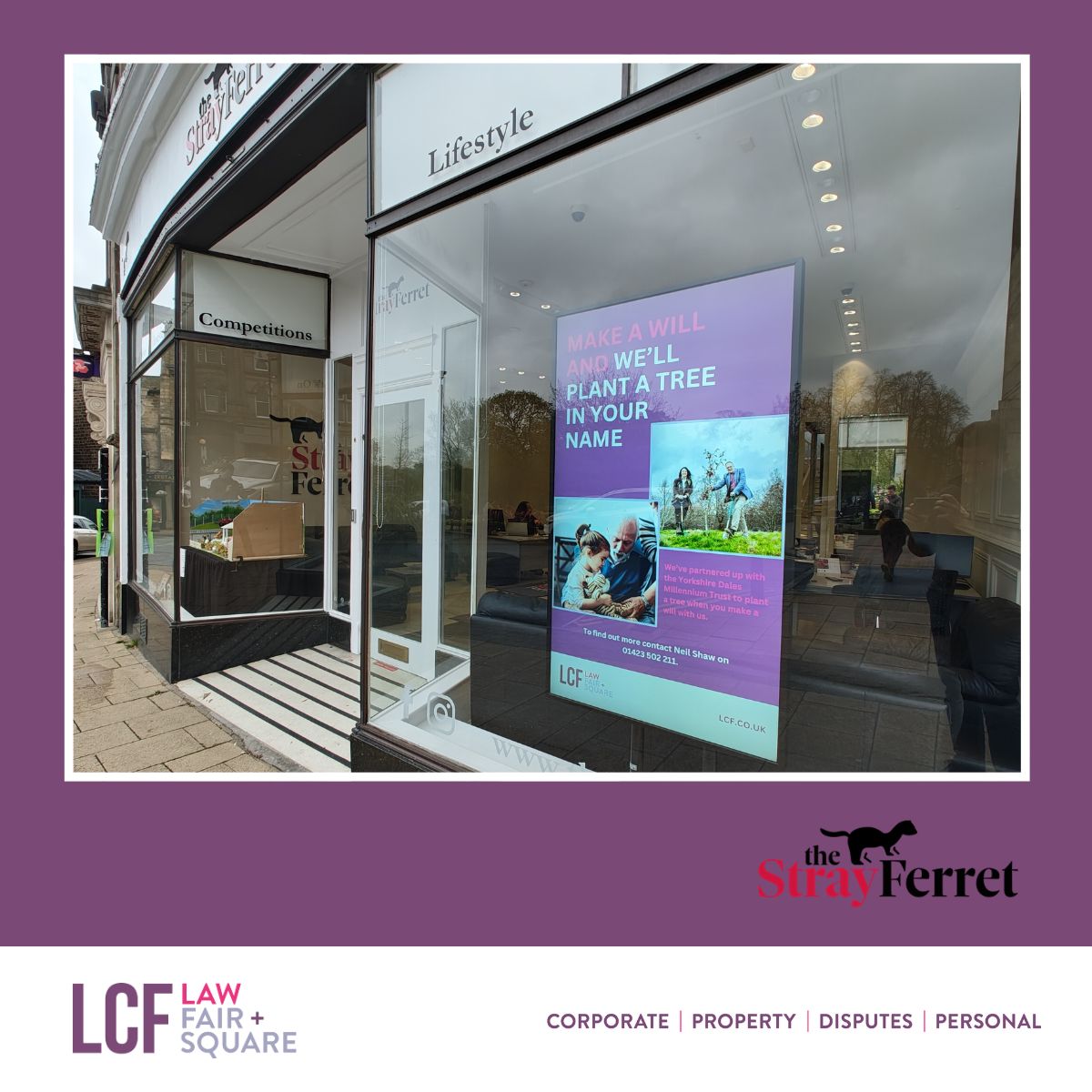 Delighted to be featured in the front window of @thestrayferret's fabulous new #Harrogate premises. 🙏

When you make or update a will with us in 2024, we'll plant a tree in your name 👉 lcf.co.uk/personal-servi…

#PartnershipWorking #Wills #TreePlanting #LawFairSquare