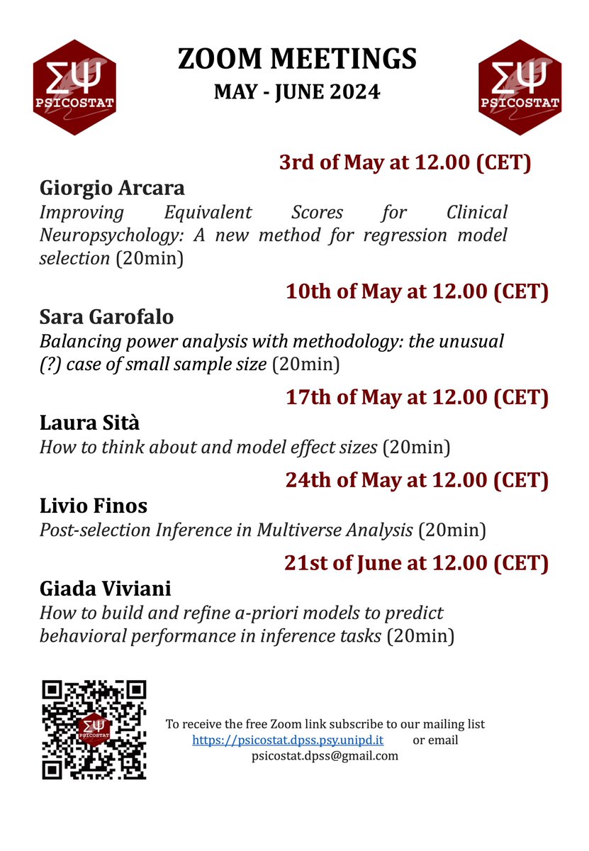 psicostat's tweet photo. We will be back in May and June with new exciting meetings 📢📢!! Starting with @giorgioarcara and his talk on Equivalence Scores for Clinical Neuropsychology.
Stay tuned and don't forget to sign up to our mailing-list to receive updates and the zoom link the day before! https://t.co/1NRcBlrpuf