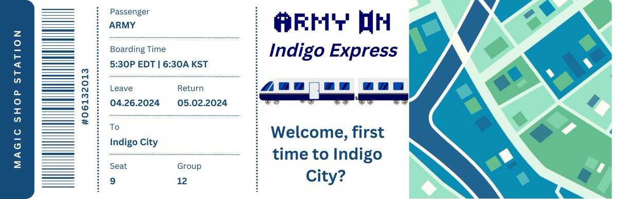 ARMY, Pack your bags & get ready! Here's your exclusive #ARMYON ticket to Indigo City!🚆 🛎️Be sure to confirm your reservation details!✍️ army-onindigocity.carrd.co See you in Indigo City!💙 #ARMYonTidal #ARMYonIndigoCity