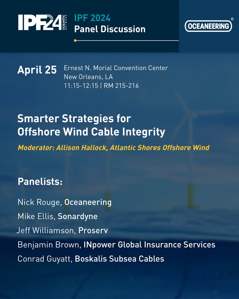 Join us for an #IPF2024 panel discussion on Smarter Strategies for Offshore Wind Cable Integrity tomorrow, Thursday, April 25. Learn more: oceantic.org/oceantic-event…