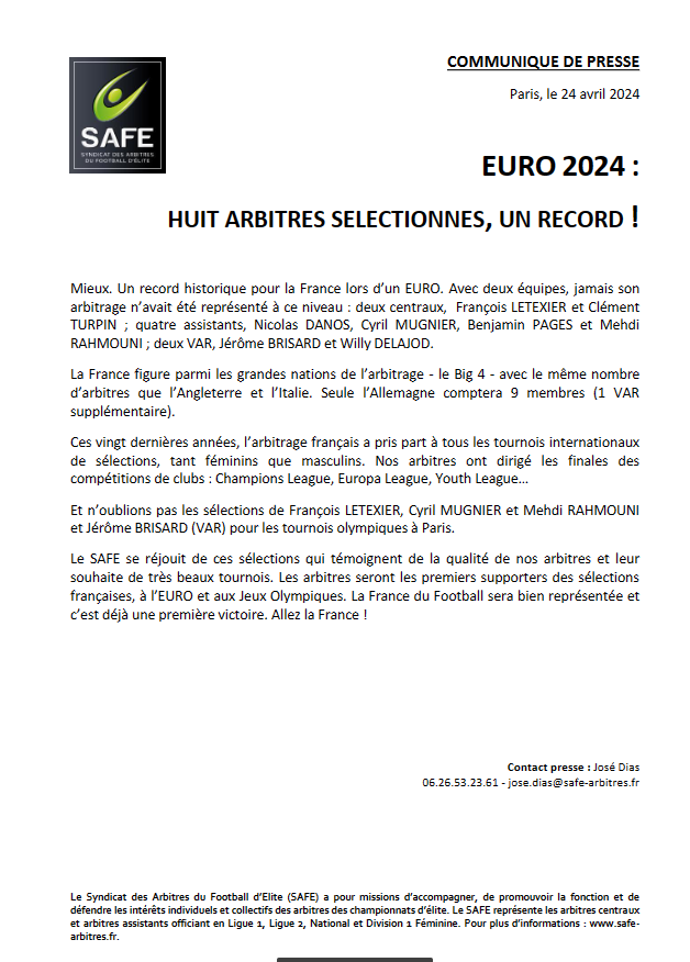 ⭕️Communiqué de presse ➡️Le SAFE réagit aux sélections des huit arbitres Français pour l'@EURO2024FRA en Allemagne 🇫🇷 safe-arbitres.fr/Actualites-1/E… @UEFAcom_fr @UEFAcom