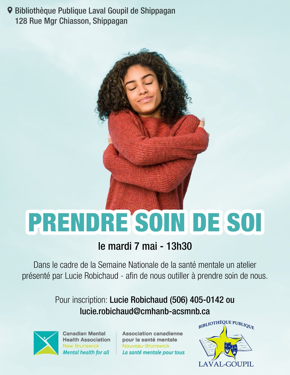 MACSNB's tweet image. Bonjour, 
Dans le cadre de la semaine nationale de la santé mentale, je présenterai une conférence au public, gratuit et bienvenue à tous
Merci / Thank you / Wela'lin / Woliwon
Lucie Robichaud
Coordinatrice de programmes communautaires/Community Program Coordinator ACSM du NB