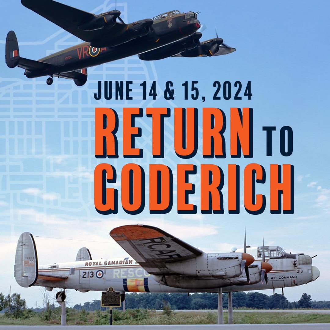 On June 14, 2024 – sixty years to the day since its arrival – the Lancaster is set to make a celebratory return visit to Goderich. 
Details at warplane.com/events/upcomin… 
#avgeek