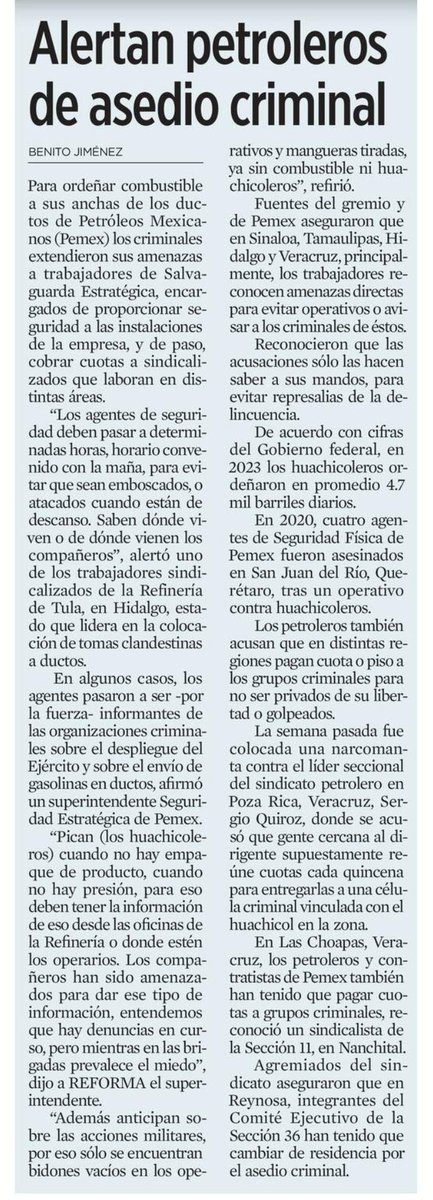 Tssss..

El cobro de piso ya llegó a los trabajadores de Pemex.

Según una investigación, los huachicoleros, les cobran cuotas a los trabajadores para evitar ser secuestrados o golpeados.

- Los obligan a dar respaldo técnico para "ordeñar" ductos

- Deben informar sobre