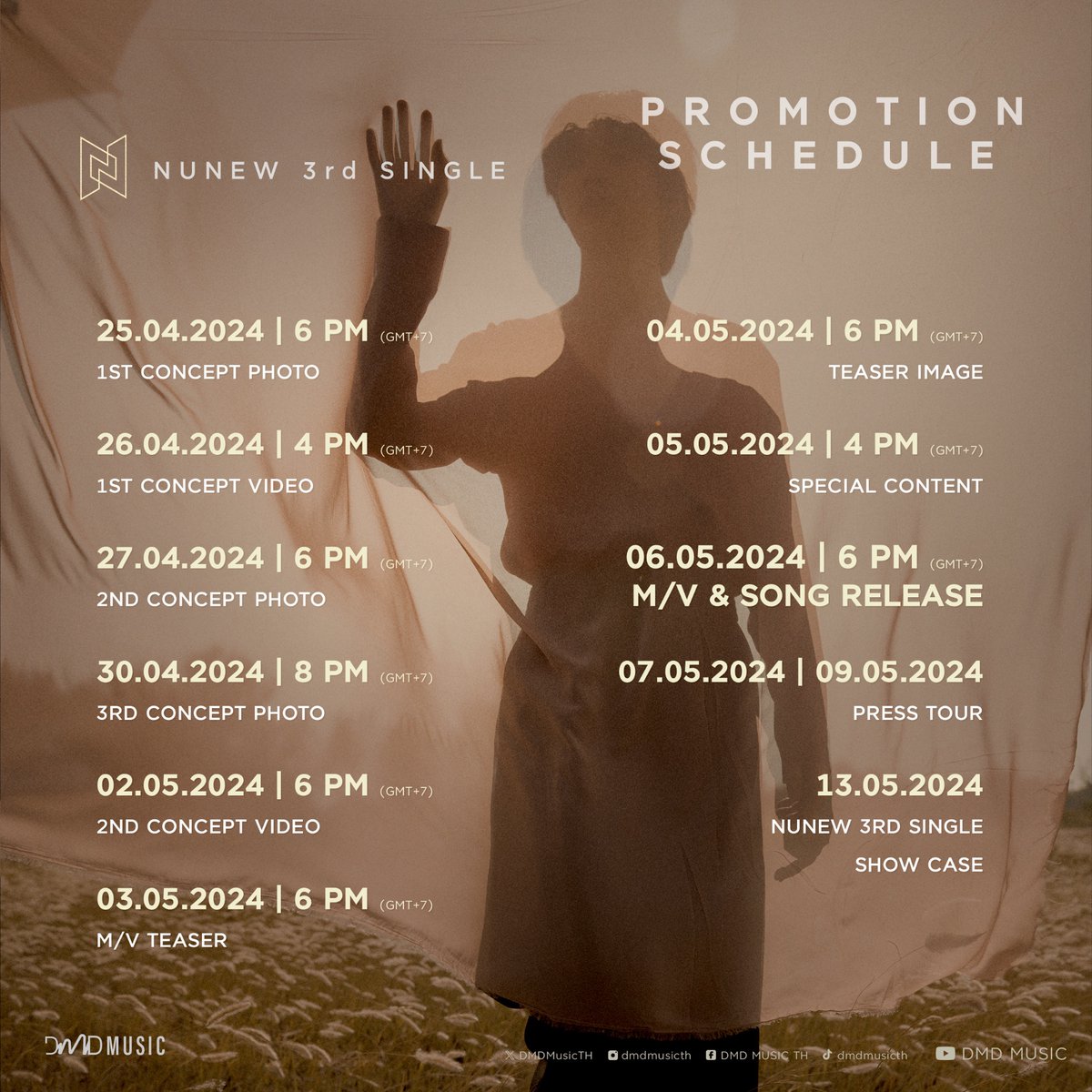 NuNew 3rd Single | Promotion Schedule 🗓️

M/V & Online Streaming
➩ 2024.05.06 MON | 6 PM (GMT+7)

Stay tuned for more detailed updates. 🍂

#NuNew3rdSingle
#NuNew @CwrNew 
#DMDMUSIC